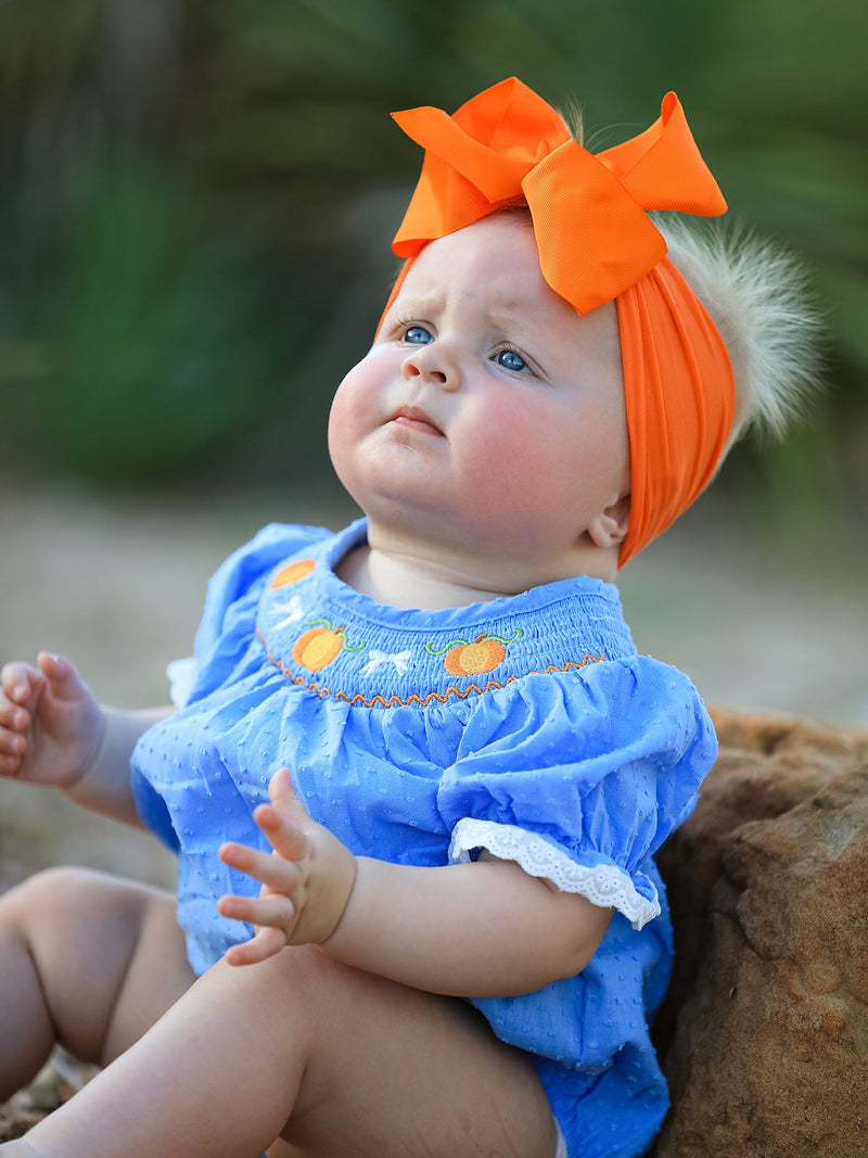 Halloween Thanksgiving Pumpkin Smocked Bubble Romper - 5