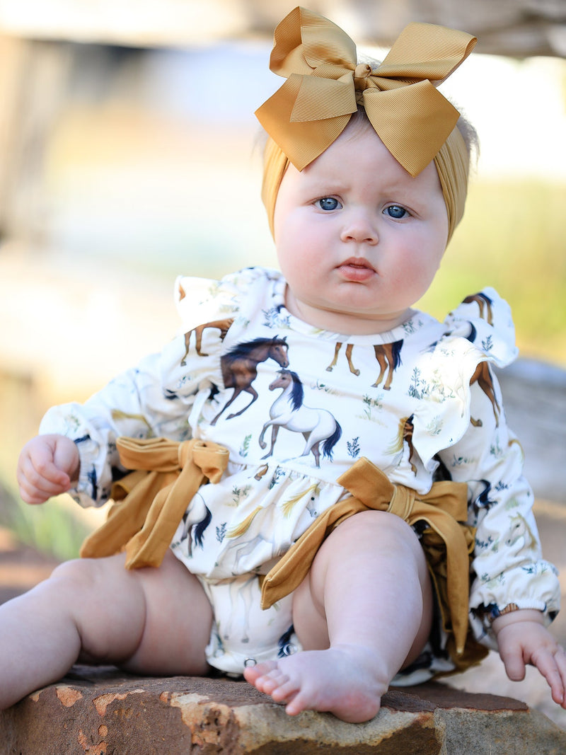 Western Horse Girls Romper Bow Ruffle Long Sleeve - 2