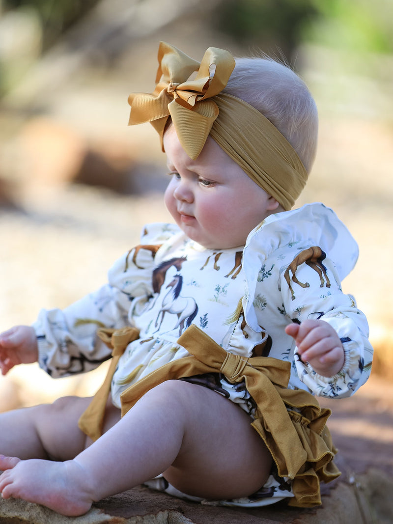 Western Horse Girls Romper Bow Ruffle Long Sleeve - 3