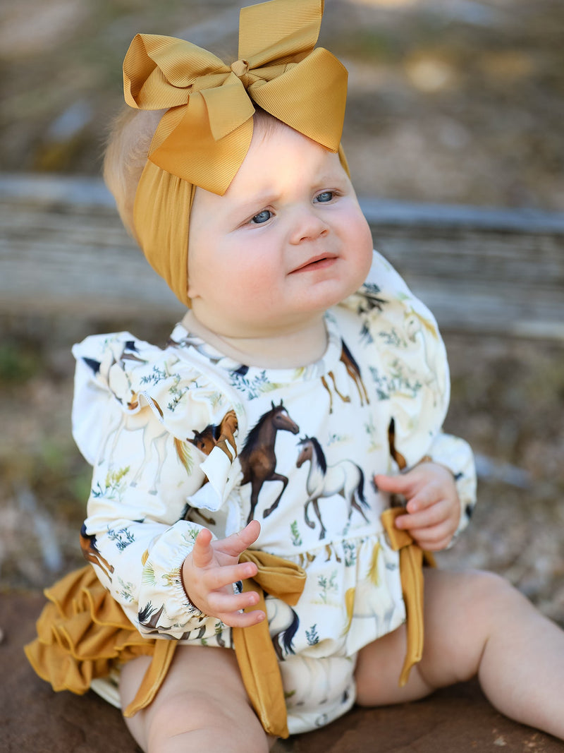 Western Horse Girls Romper Bow Ruffle Long Sleeve - 5
