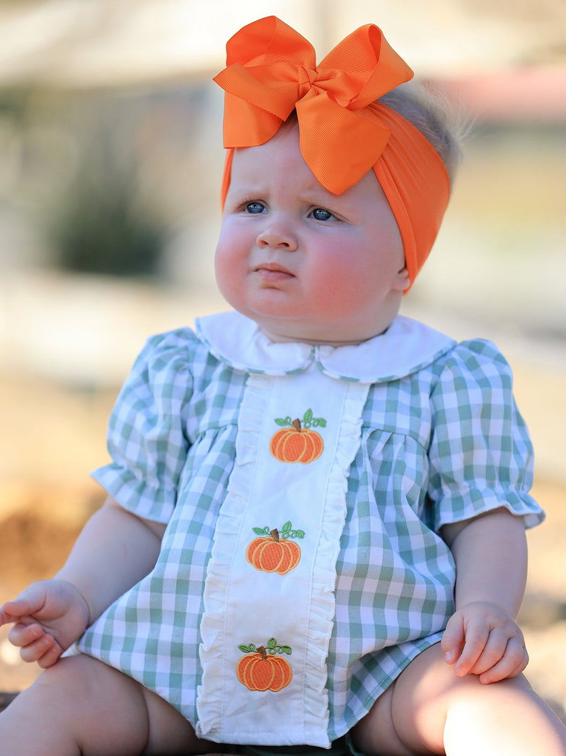 Fall Halloween & Thanksgiving Applique Plaid Girls Bloomers Romper Set - 2