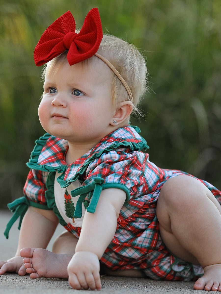 Christmas Tree Plaid Girls Romper Petals Collar Ruffle