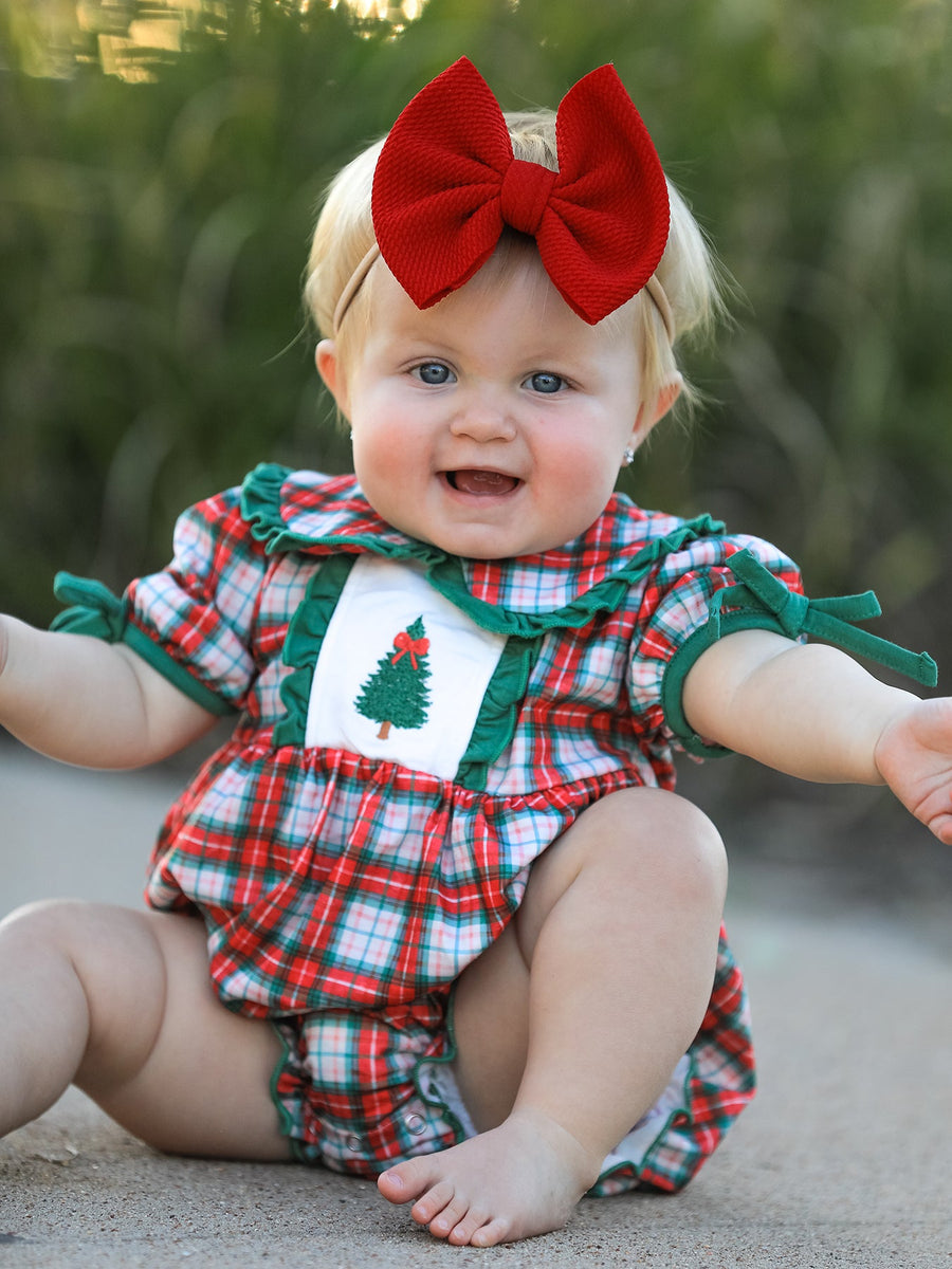 Christmas Tree Plaid Girls Romper Petals Collar Ruffle