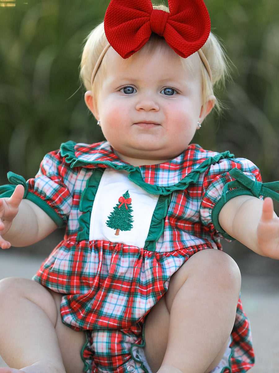 Christmas Tree Plaid Girls Romper Petals Collar Ruffle