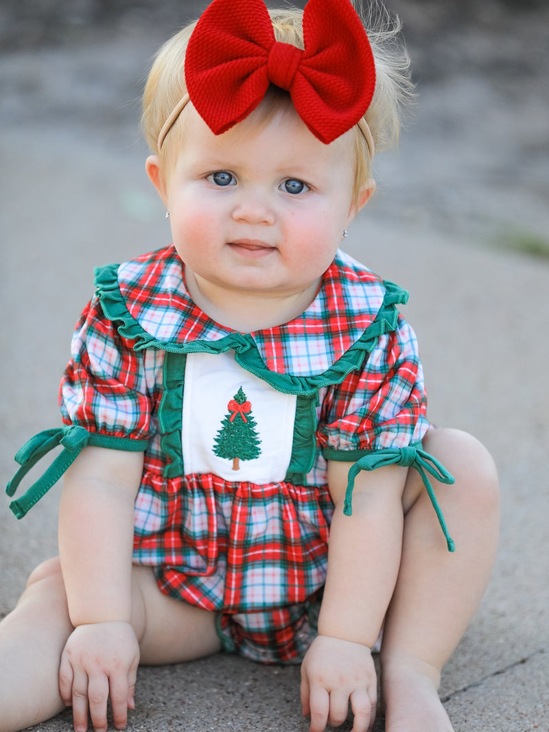 Christmas Tree Plaid Girls Romper Petals Collar Ruffle - 2