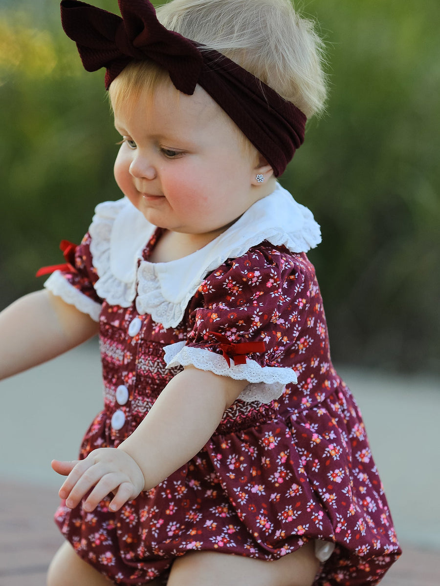 Burgundy Floral Smocked Baby Girl Bubble Romper Peter Pan Collar