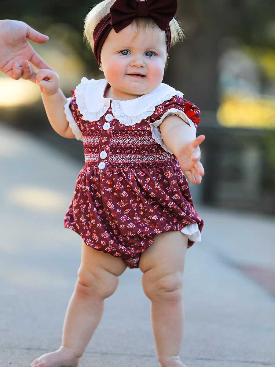 Burgundy Floral Smocked Baby Girl Bubble Romper Peter Pan Collar