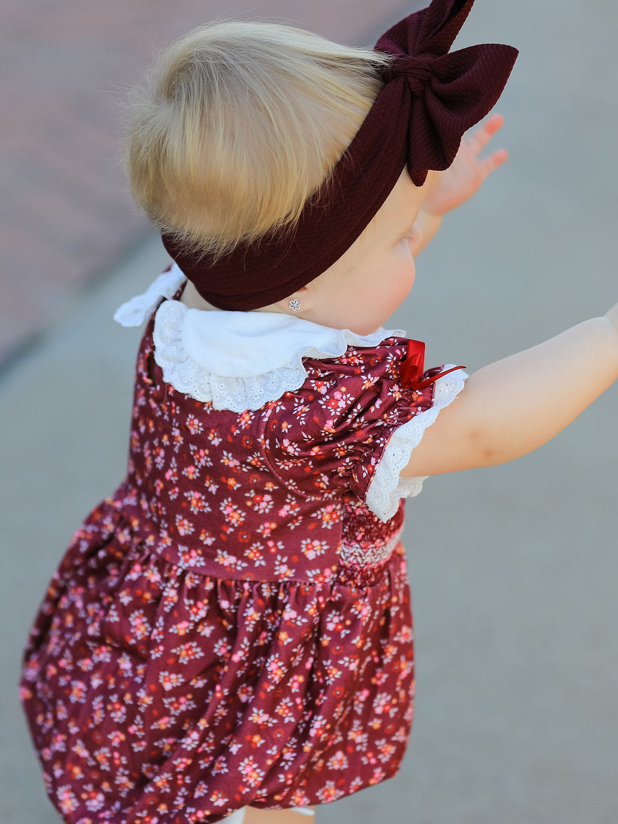 Burgundy Floral Smocked Baby Girl Bubble Romper Peter Pan Collar