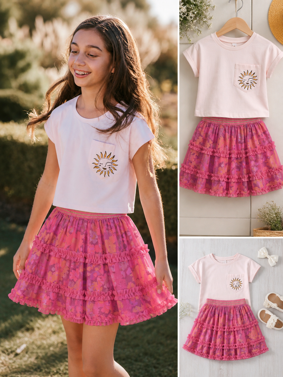 Petal Pop Set: Pink Tee and Floral Twirl Skirt