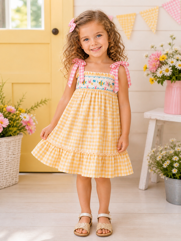 Fish Embroidery Smocking Plaid Girls' Dress