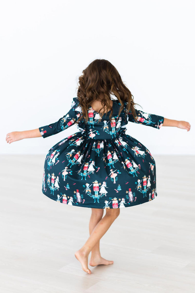 Christmas Ballet 3/4 Sleeve Ruffle Twirl Dress - 3