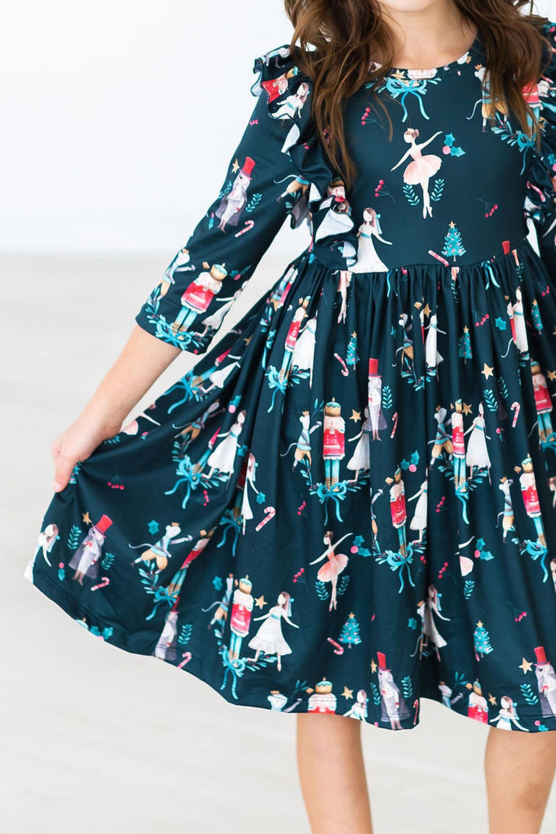 Christmas Ballet 3/4 Sleeve Ruffle Twirl Dress - 4