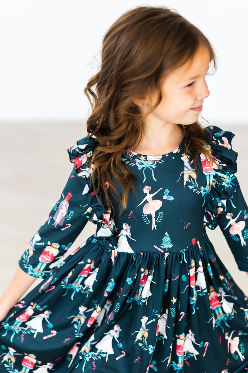 Christmas Ballet 3/4 Sleeve Ruffle Twirl Dress - 1