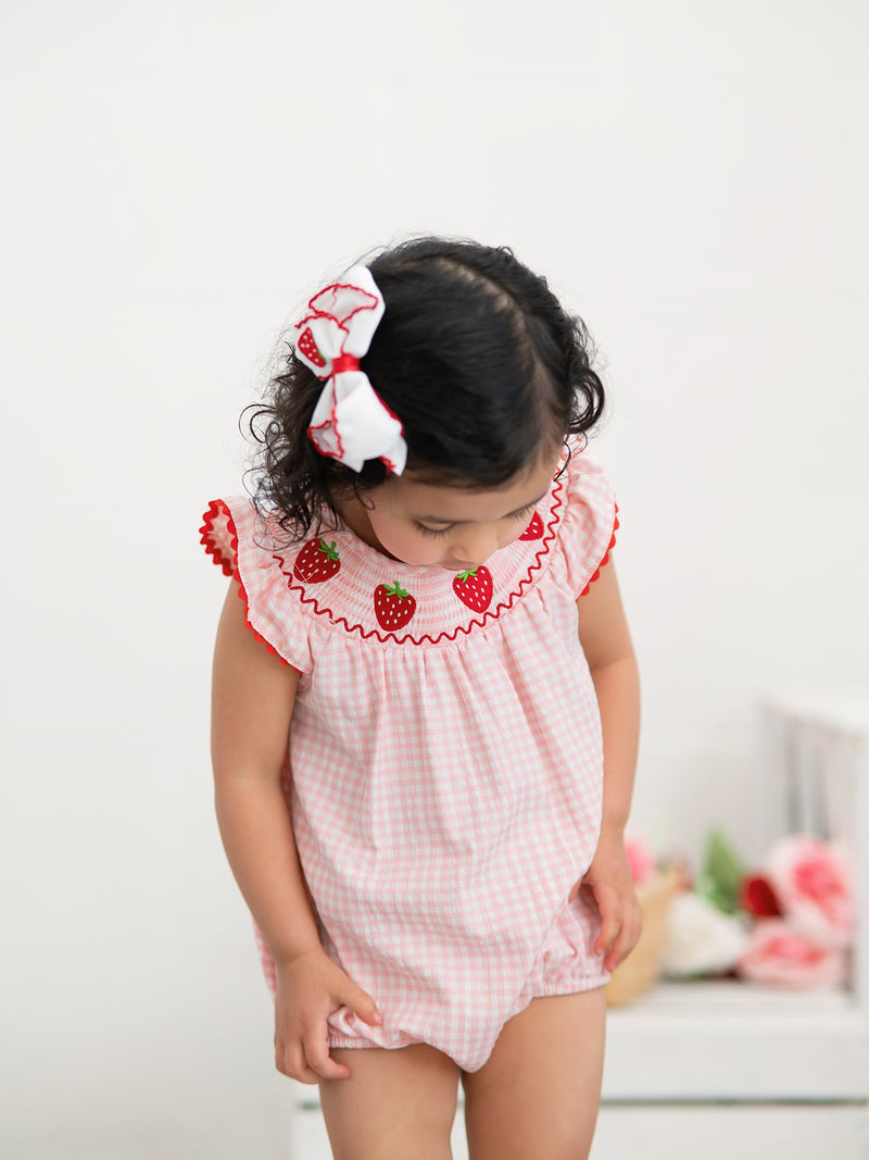 Baby Girls Strawberry Plaid Smocked Romper - 2