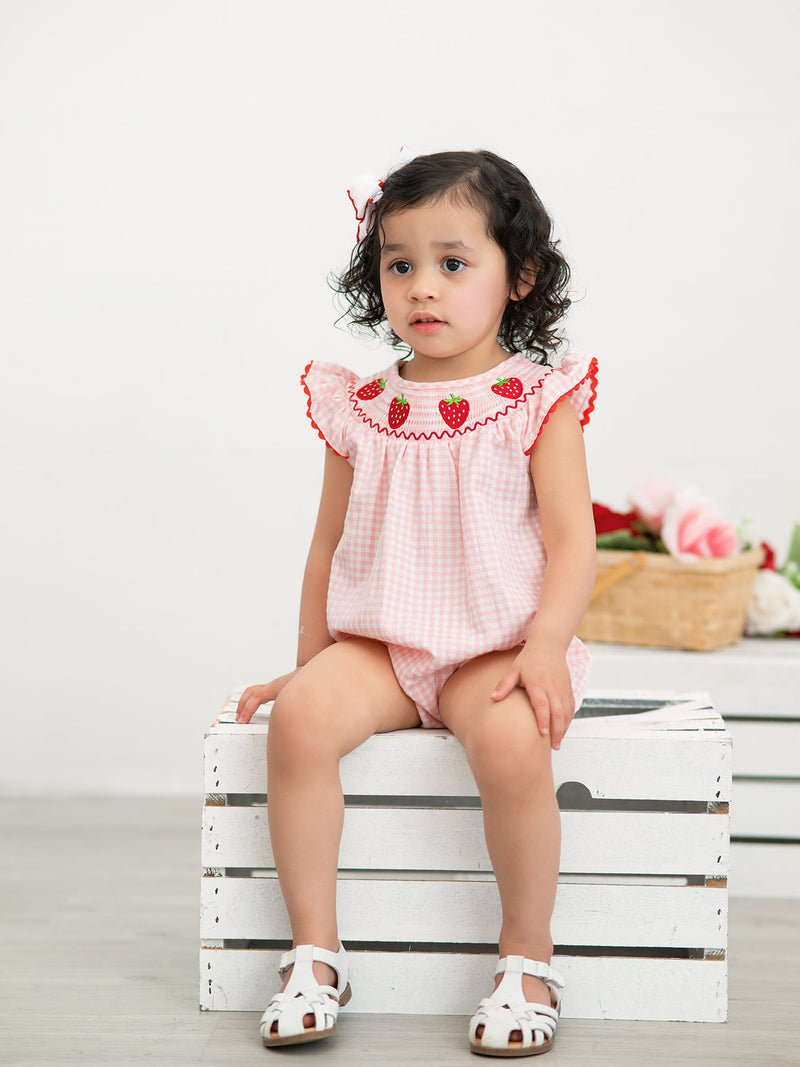 Baby Girls Strawberry Plaid Smocked Romper - 1