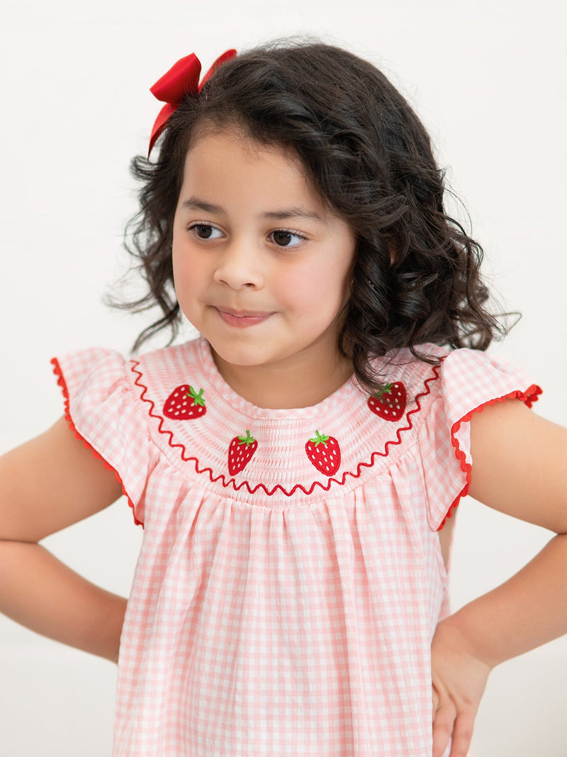 Baby Girls Strawberry Embroidered Plaid Smocked Dress - 7