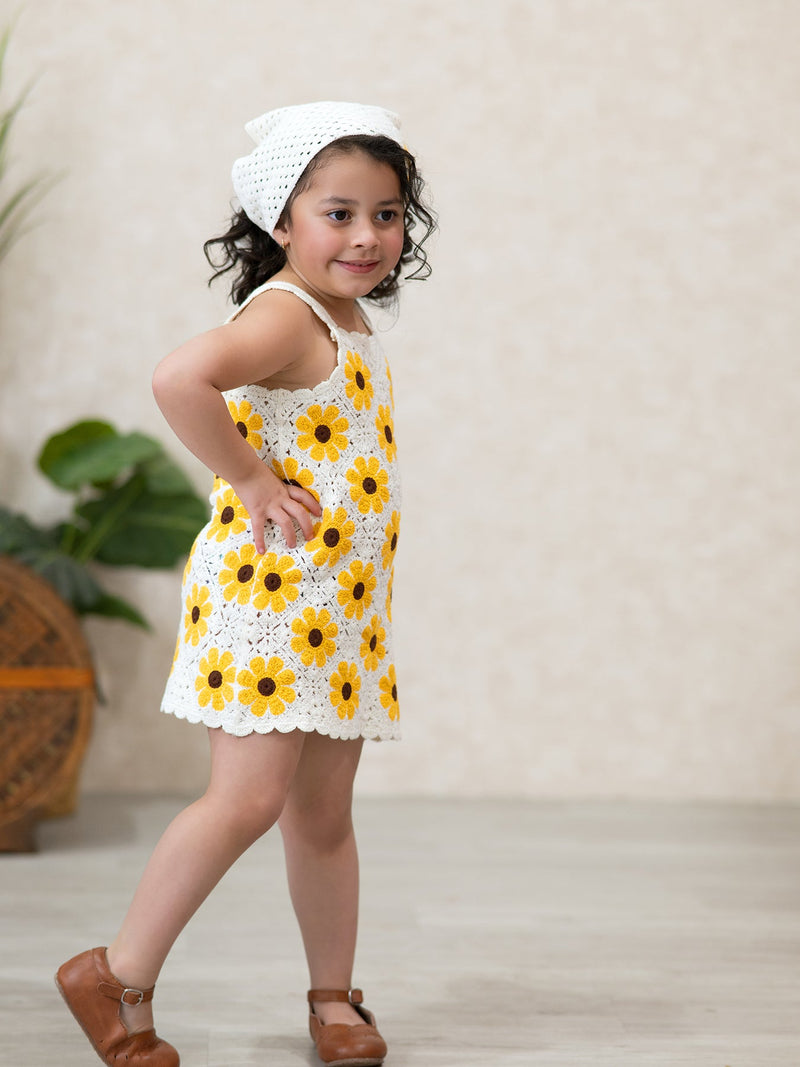Summer Crochet Sunflower Girl Dress with Headscarf - 2