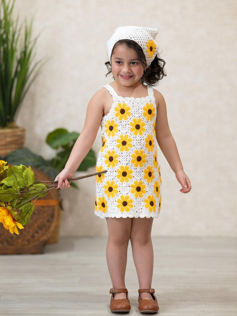 Summer Crochet Sunflower Girl Dress with Headscarf - 3