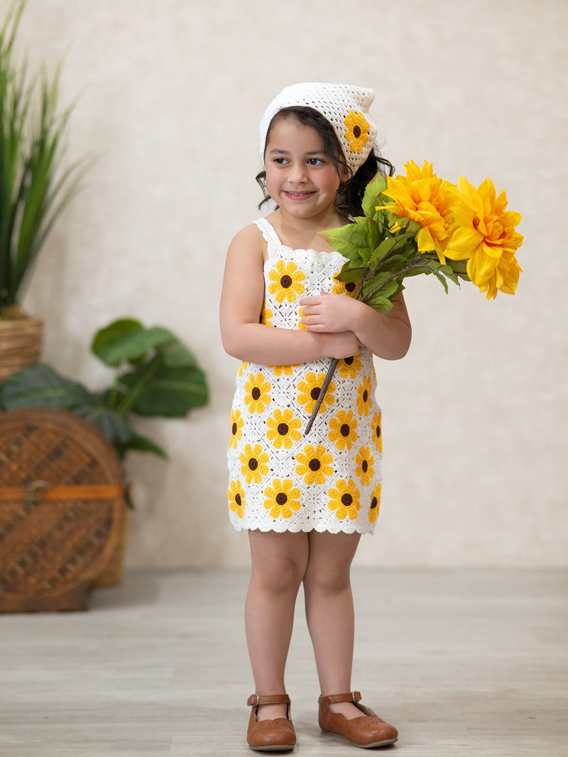 Summer Crochet Sunflower Girl Dress with Headscarf - 4