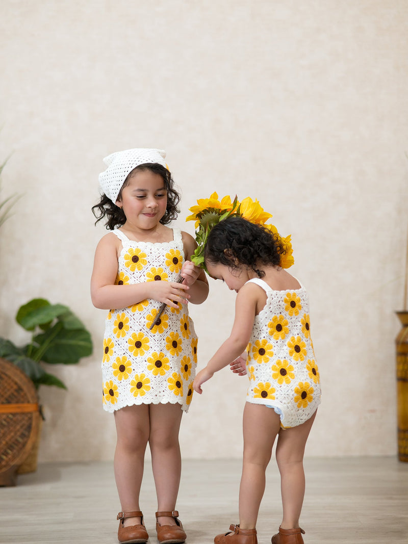 Summer Crochet Sunflower Girl Dress with Headscarf - 7
