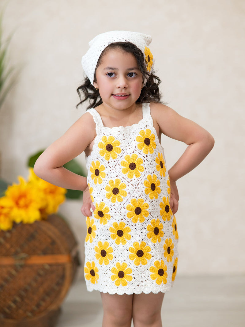 Summer Crochet Sunflower Girl Dress with Headscarf - 1