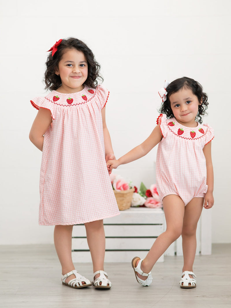 Baby Girls Strawberry Embroidered Plaid Smocked Dress - 10
