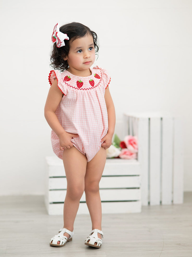Baby Girls Strawberry Plaid Smocked Romper - 3