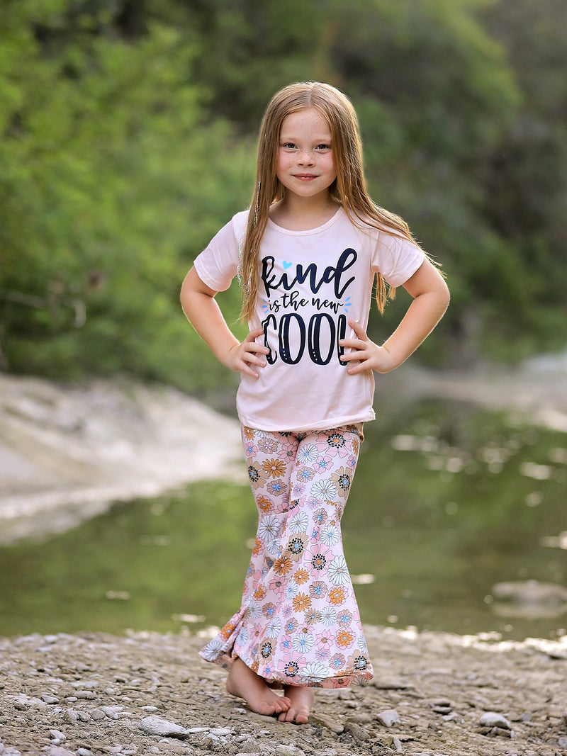 Girls Letter Print Top + Floral Pattern Pants - 1