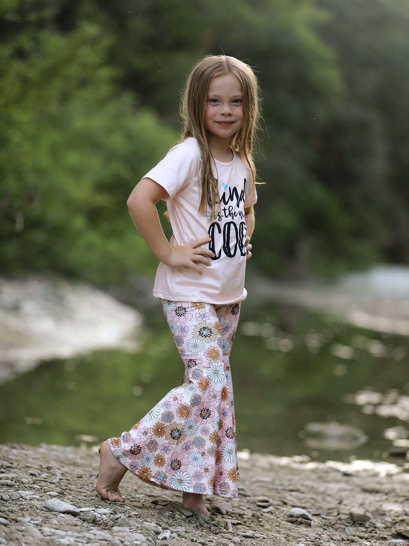 Girls Letter Print Top + Floral Pattern Pants - 3