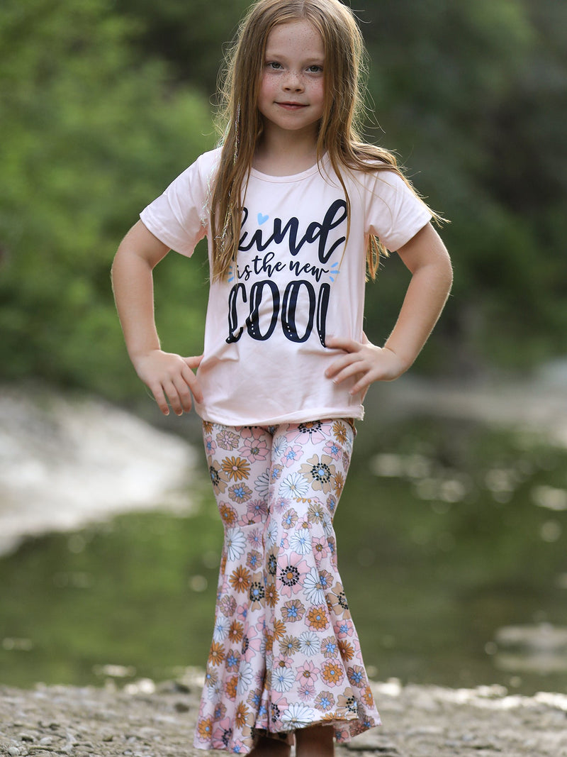 Girls Letter Print Top + Floral Pattern Pants - 4