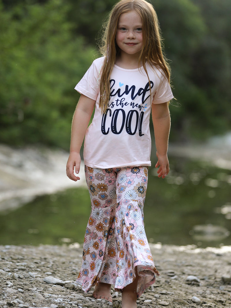 Girls Letter Print Top + Floral Pattern Pants - 2