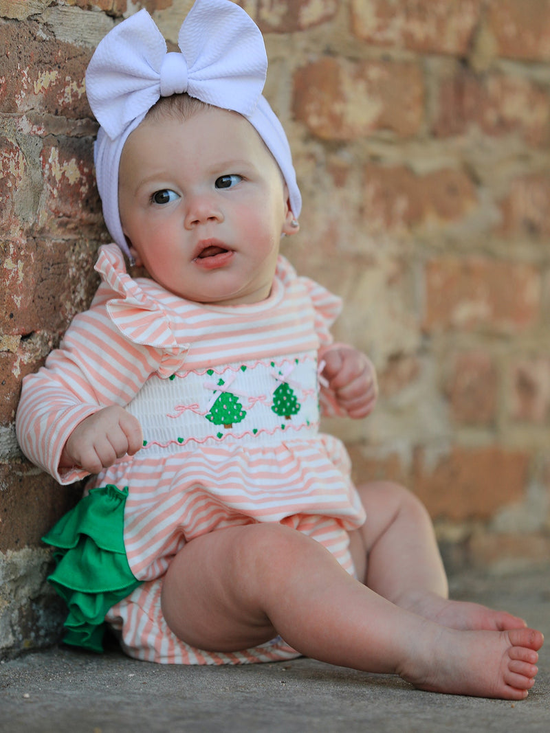 Christmas Tree Smocked Embroidery Stripe Baby Girls Romper - 1