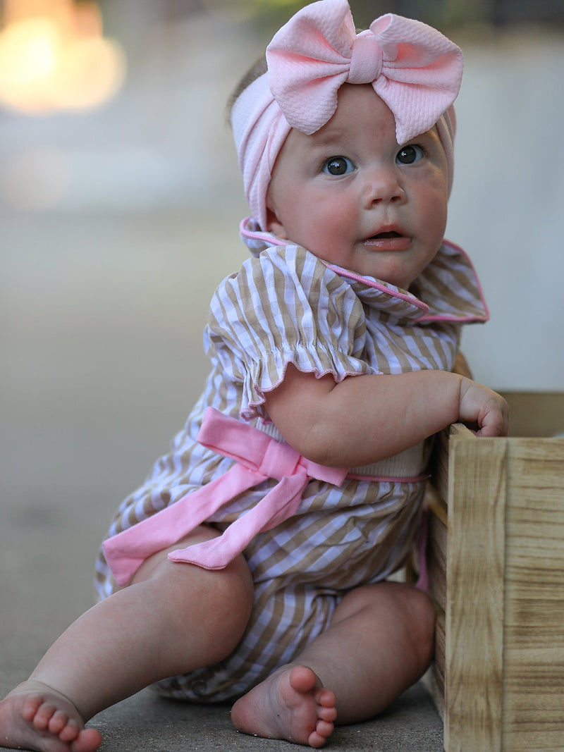 Fall Thanksgiving Lapel Plaid Chick Embroidery Smocking Bow Baby Girls Romper - 6