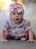 Fall Thanksgiving Lapel Plaid Chick Embroidery Smocking Bow Baby Girls Romper - 1