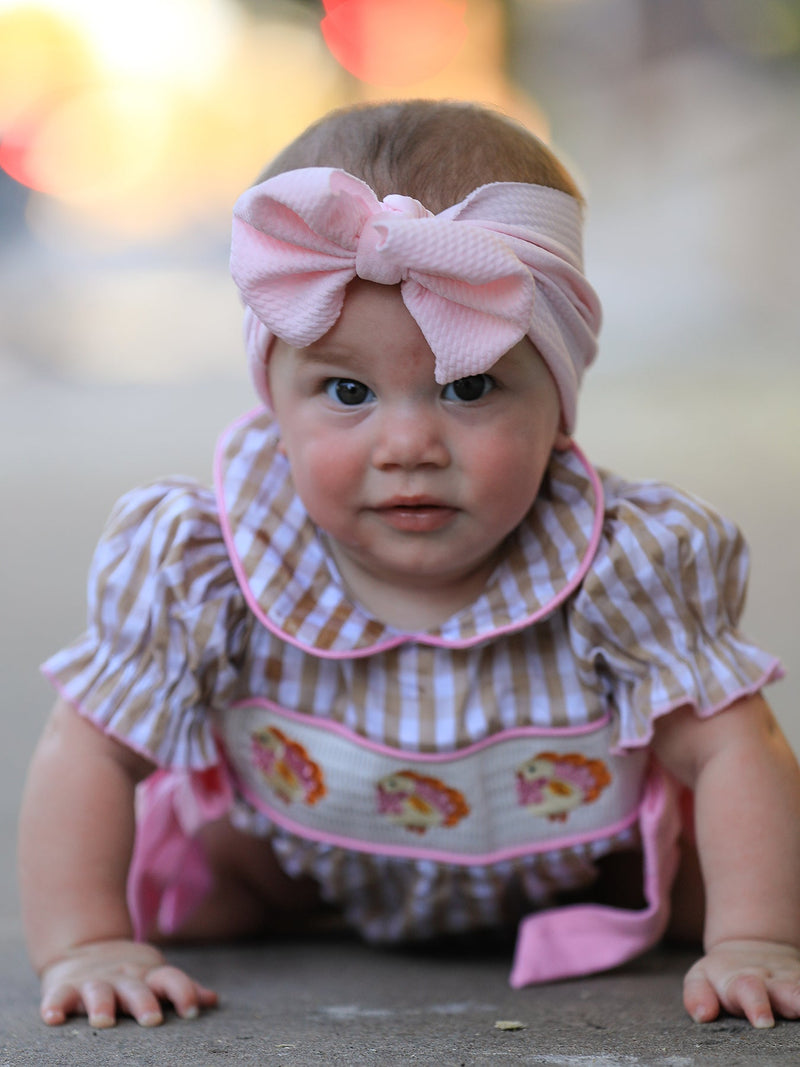 Fall Thanksgiving Lapel Plaid Chick Embroidery Smocking Bow Baby Girls Romper - 2