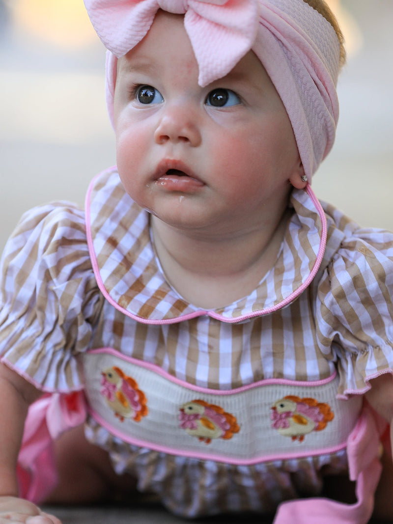 Fall Thanksgiving Lapel Plaid Chick Embroidery Smocking Bow Baby Girls Romper - 3