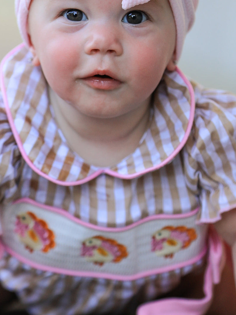 Fall Thanksgiving Lapel Plaid Chick Embroidery Smocking Bow Baby Girls Romper - 4