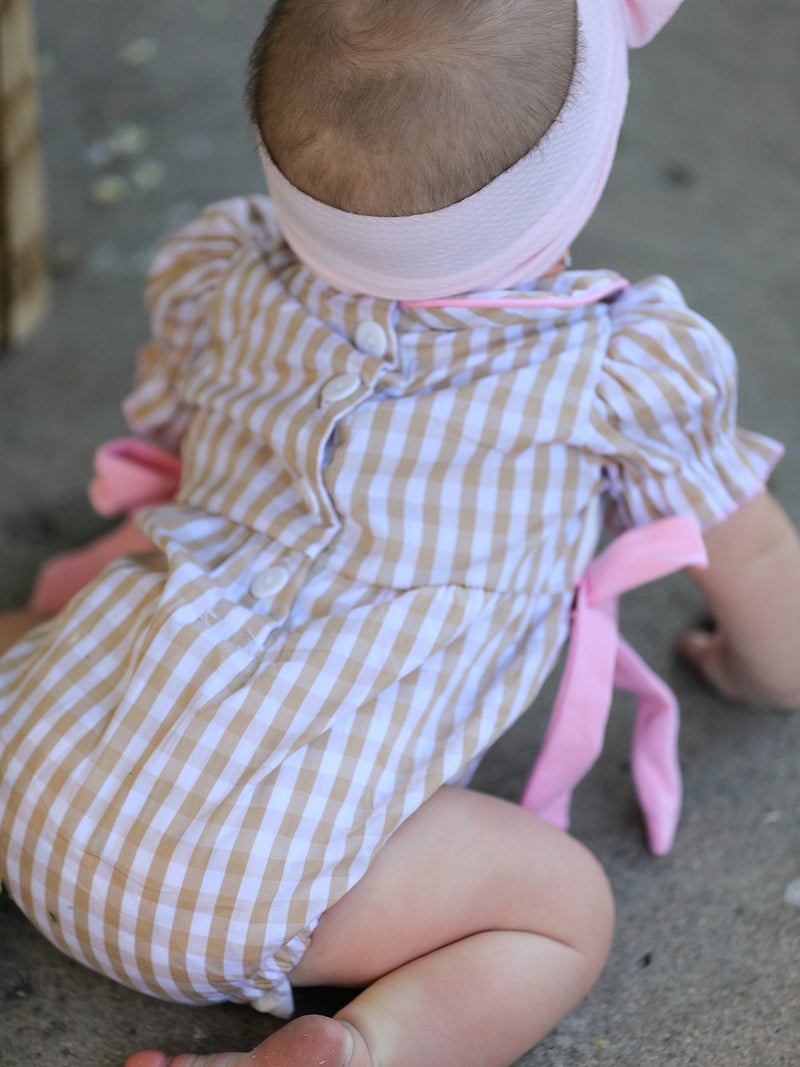 Fall Thanksgiving Lapel Plaid Chick Embroidery Smocking Bow Baby Girls Romper - 5