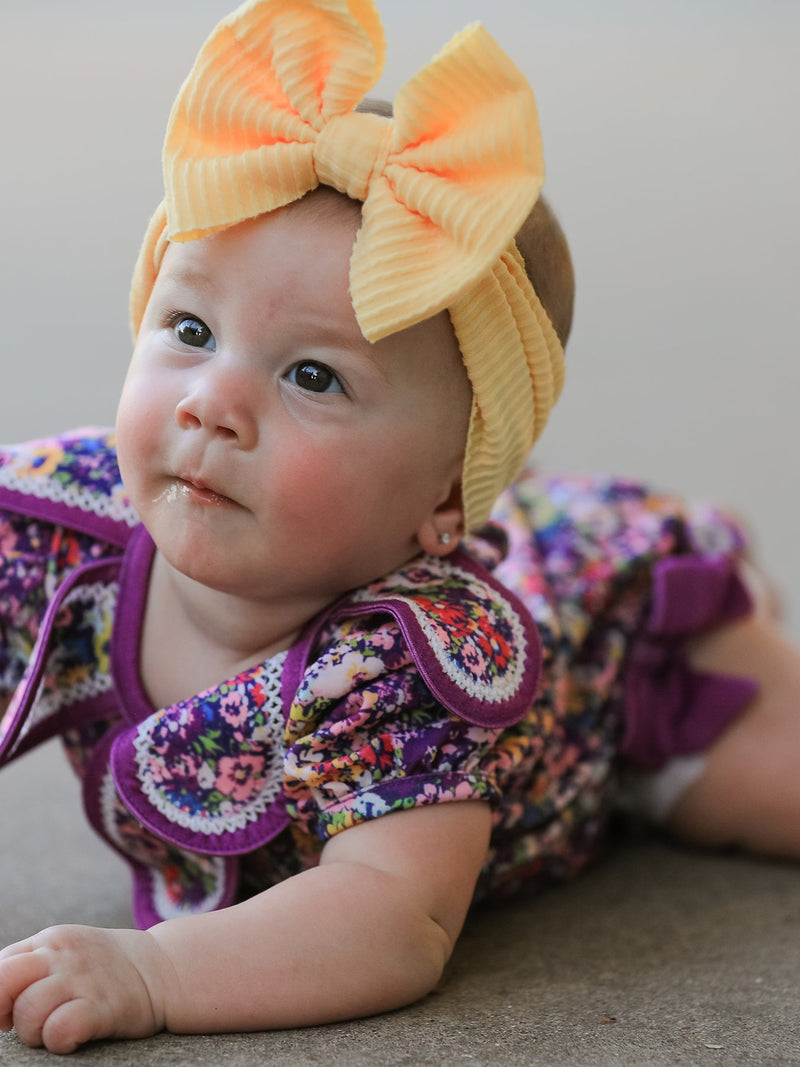 Purple Floral Bow Petals Collar Girls Romper - 3
