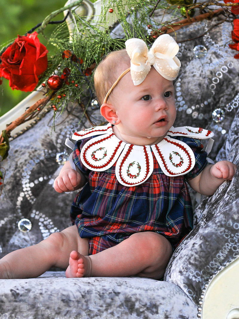 Navy Red Christmas Plaid Wreath Baby Girl Bubble Romper - 3
