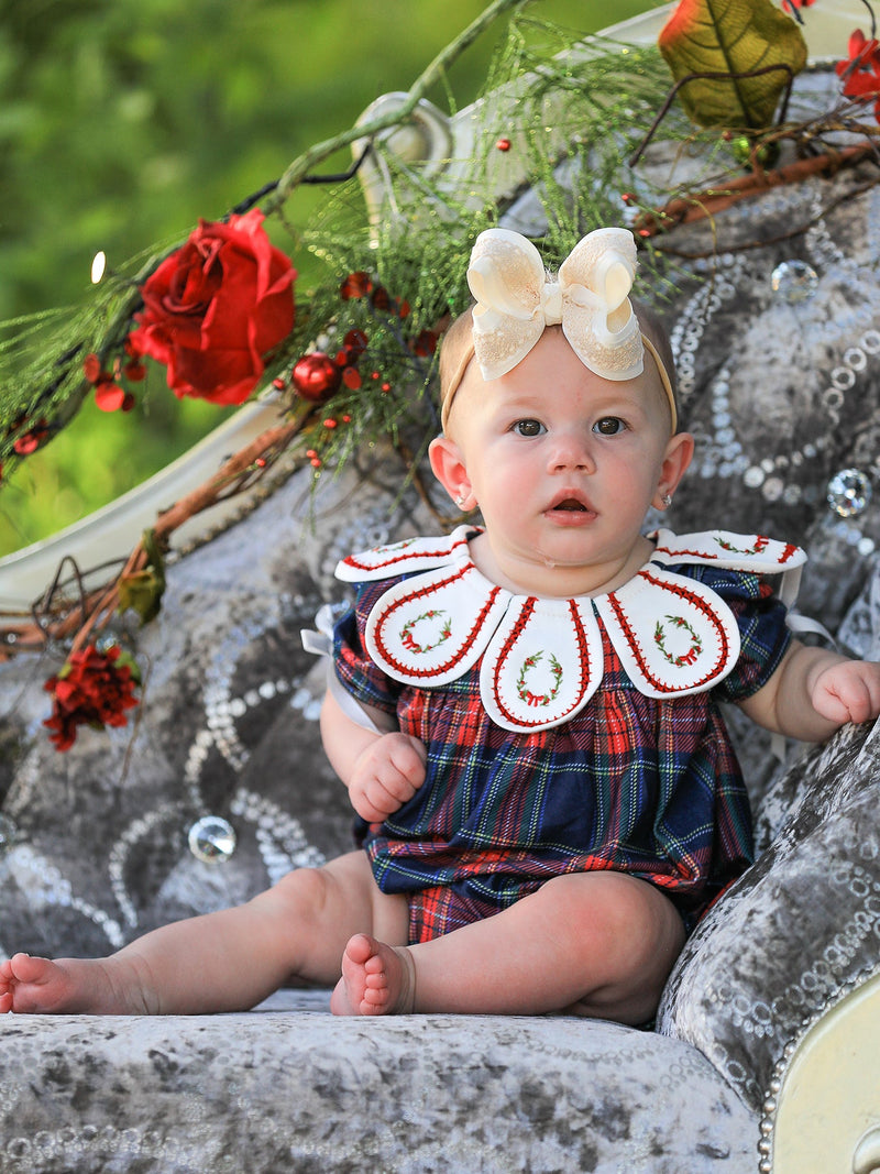 Navy Red Christmas Plaid Wreath Baby Girl Bubble Romper - 2