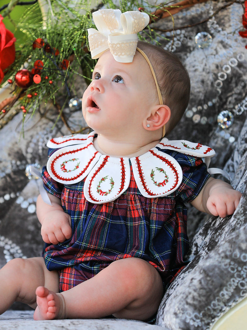 Navy Red Christmas Plaid Wreath Baby Girl Bubble Romper - 1