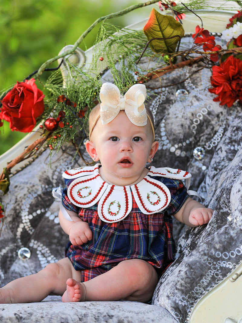 Navy Red Christmas Plaid Wreath Baby Girl Bubble Romper - 4