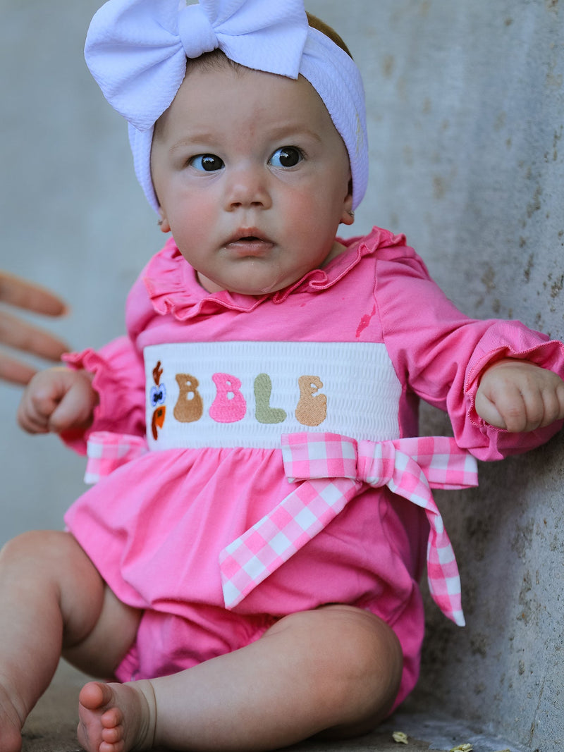 Fall Thanksgiving& Halloween "GOBBLE" Smock Embroidery Baby Girl Romper - 1