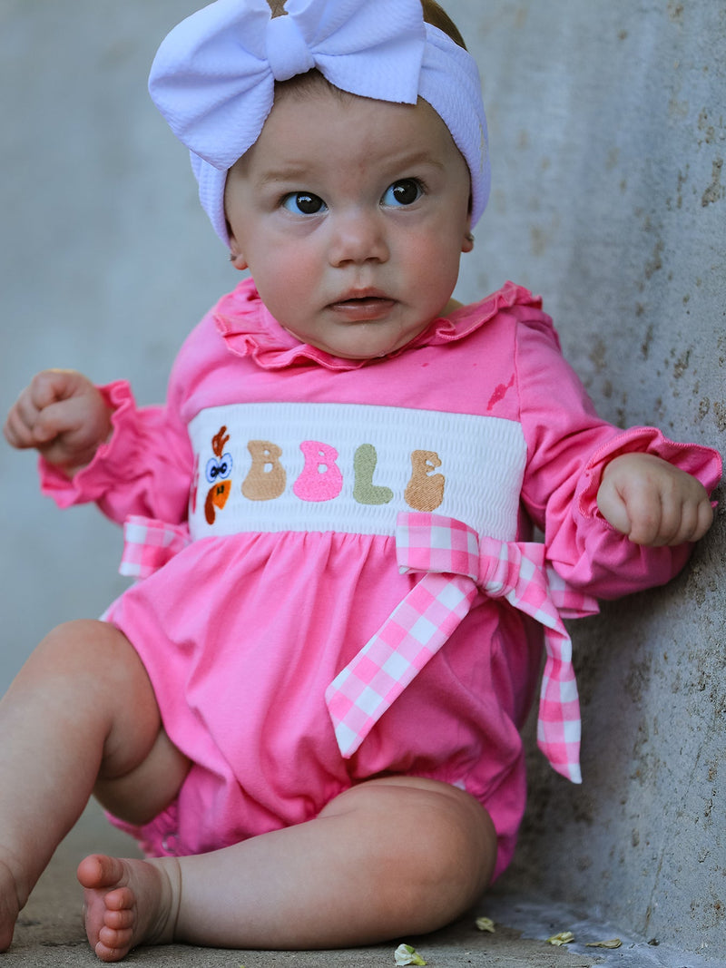 Fall Thanksgiving& Halloween "GOBBLE" Smock Embroidery Baby Girl Romper - 3