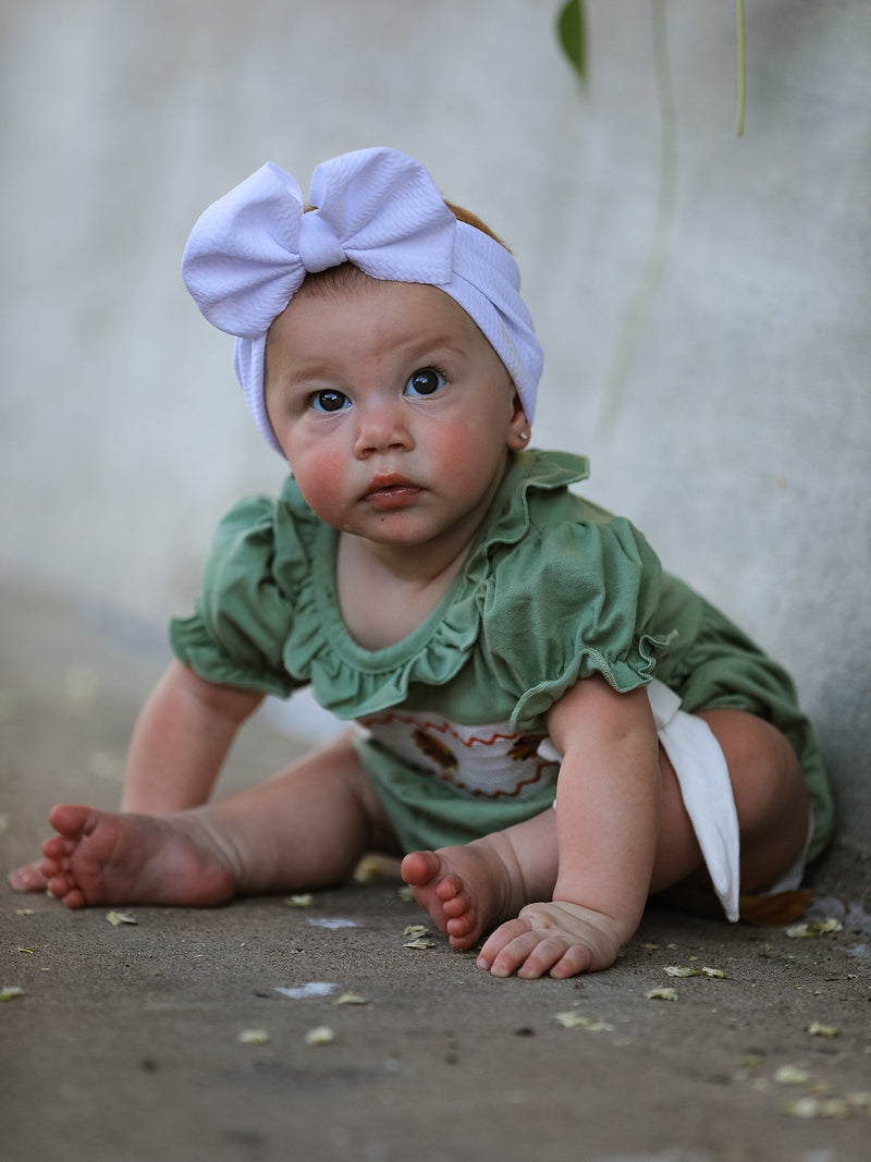 Fall Thanksgiving Chicken Smock Embroidered Green  Baby Girl Romper - 5