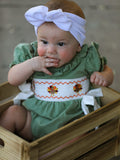 Fall Thanksgiving Chicken Smock Embroidered Green  Baby Girl Romper - 1