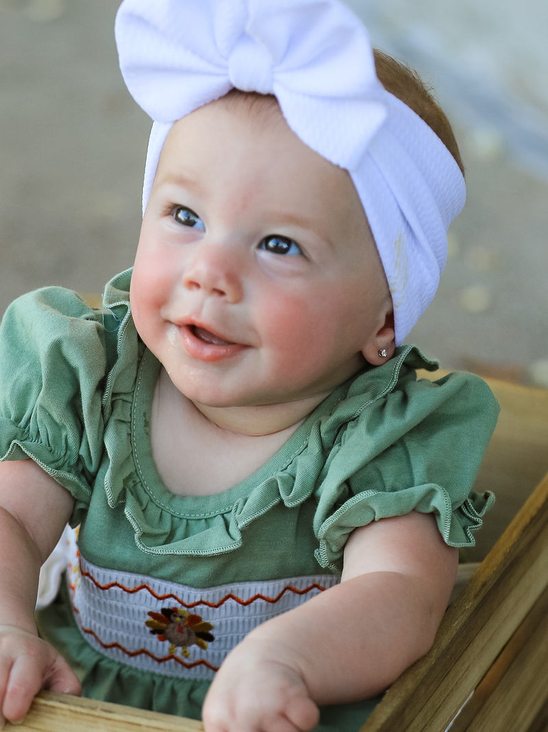 Fall Thanksgiving Chicken Smock Embroidered Green  Baby Girl Romper - 3