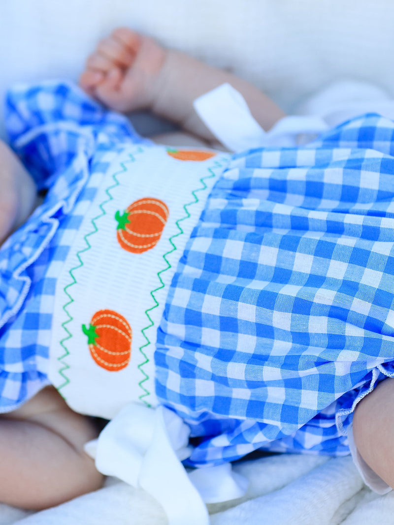 Fall Thanksgiving& Halloween Blue Pumpkin Smock Embroidery Baby Girl Romper - 3