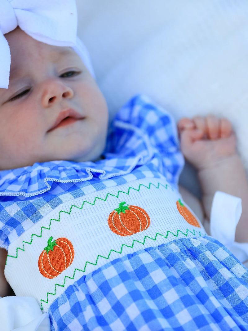 Fall Thanksgiving& Halloween Blue Pumpkin Smock Embroidery Baby Girl Romper - 4